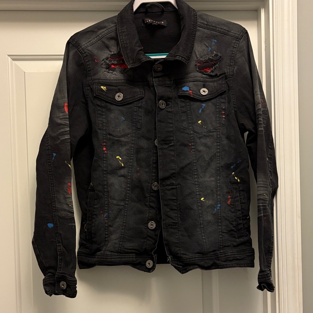 Black Jean Jacket with Multicolor Splash Multi Color Details - Picture 3 of 7